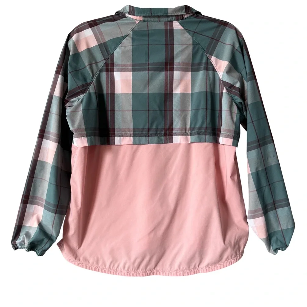 L.L.Bean Plaid Colorblock Quarter‎ Zip Pullover Jacket •M Petite • Pink & Green